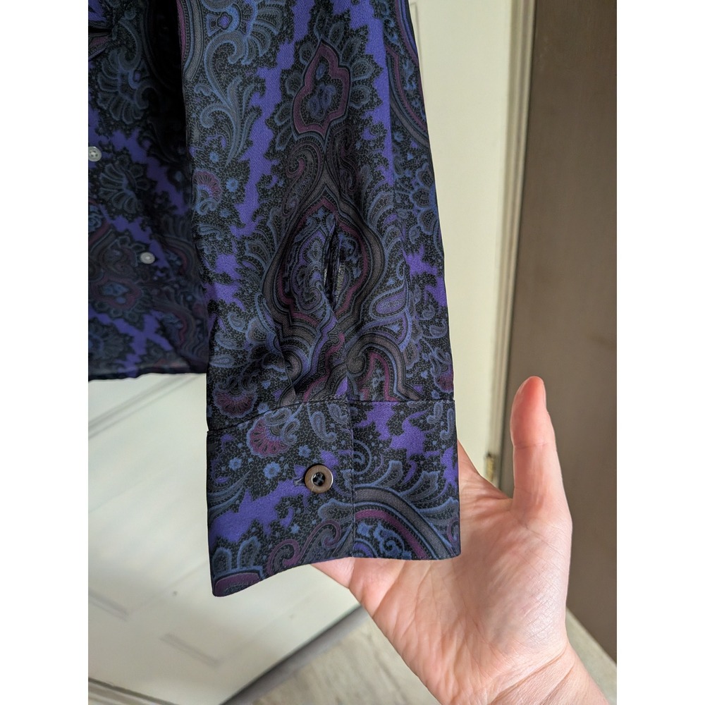 Lauren Ralph Lauren Purple Black Paisley 100% Silk Ruffle Front Blouse Large - Picture 6 of 9